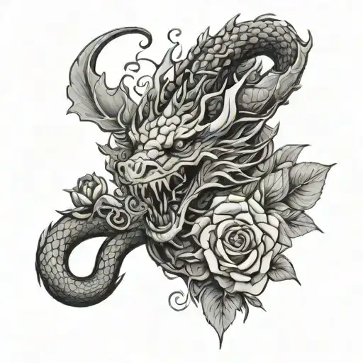 dragon behind blooming rose - Variation 4