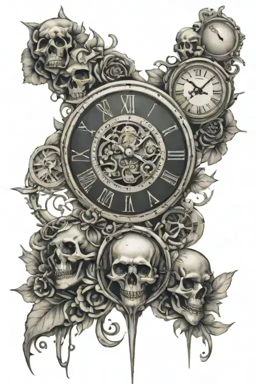 clocks and skulls full sleeve tattoo - Variation 2