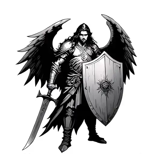 warrior with wings, sword and shield