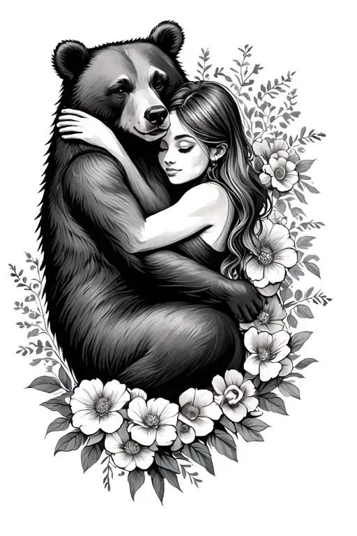 Bear hugging a woman, Surrounded By Bold Floral