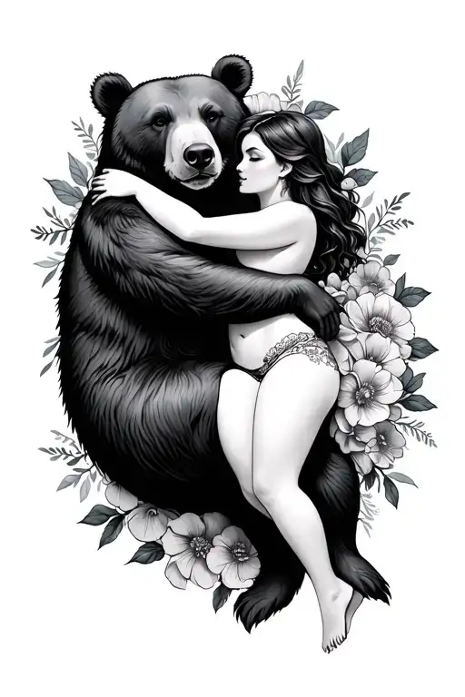 Bear hugging a woman, Surrounded By Bold Floral - Variation 2