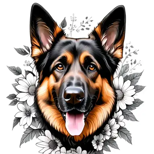 German shepherd dog with flowers