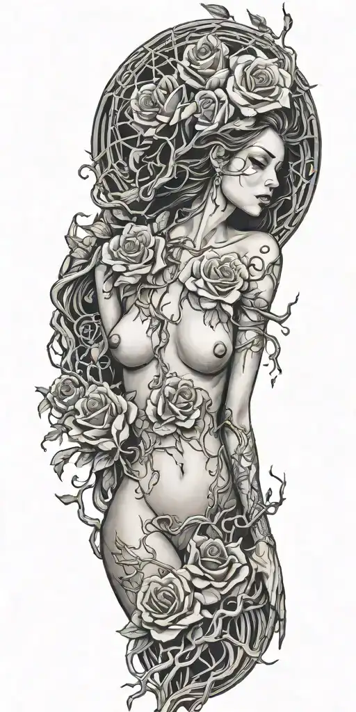 girl naked, broken chains, tree roots, roses - Variation 2