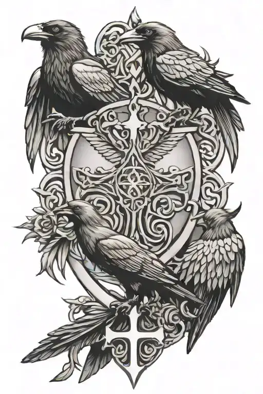 crow family crest with 2 large crows and 4 small crows with celtic cross - Variation 2