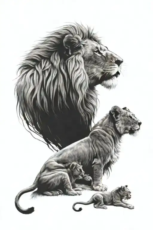 lion and 2 cubs face only