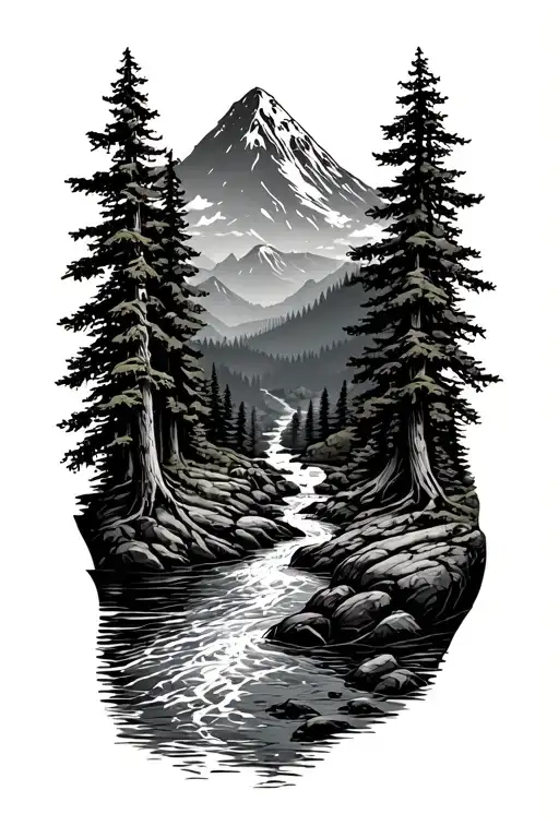 forest with river flowing and mountain in background