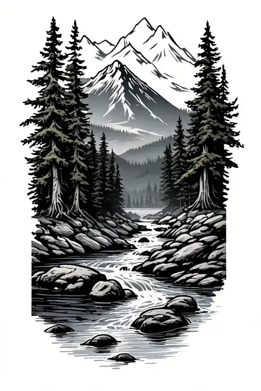 forest with river flowing and mountain in background - Variation 2