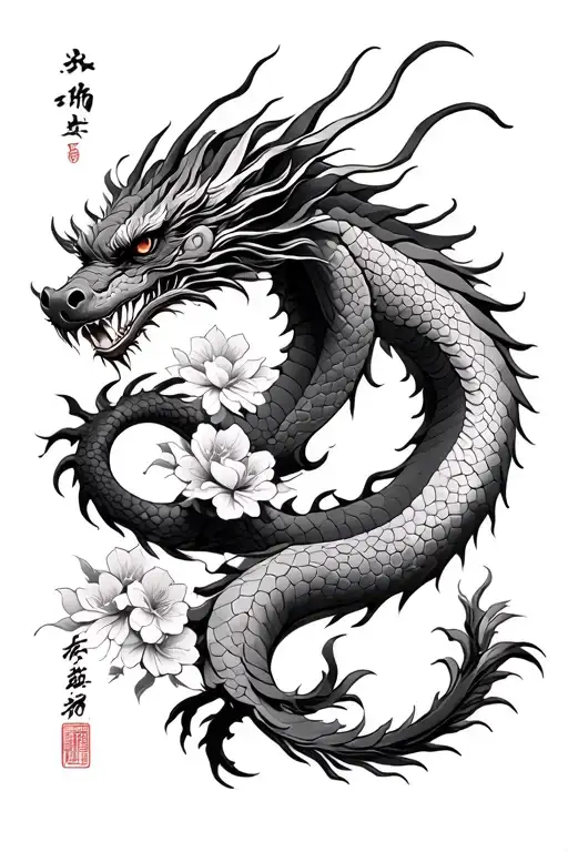 The Dragon Tattoo in the Japanese-Chinese style with Sakura and the temple for the whole hand and collarbone - Variation 2