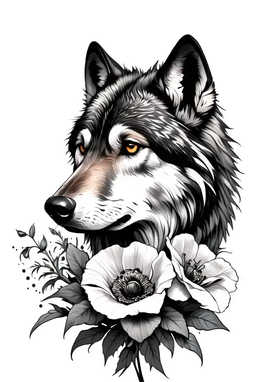 wolf with gladiolus and poppy flowers intertwined - Variation 2