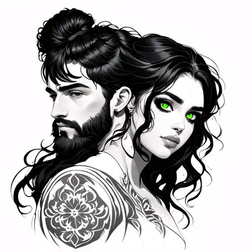 Stylized neo traditional green eyed mysterious woman with flowing blackhair and her cute bf with beard and man-bun hd