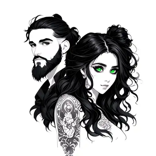 Stylized neo traditional green eyed mysterious woman with flowing blackhair and her cute bf with beard and man-bun hd - Variation 2