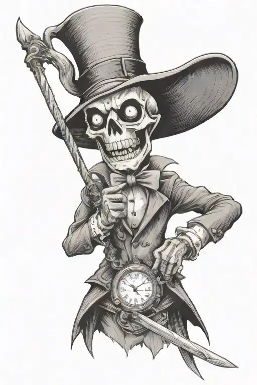 a grim reaper in a willy wonka suit holding a timepiece in the right hand, wearing in a top hat and a sword in the left