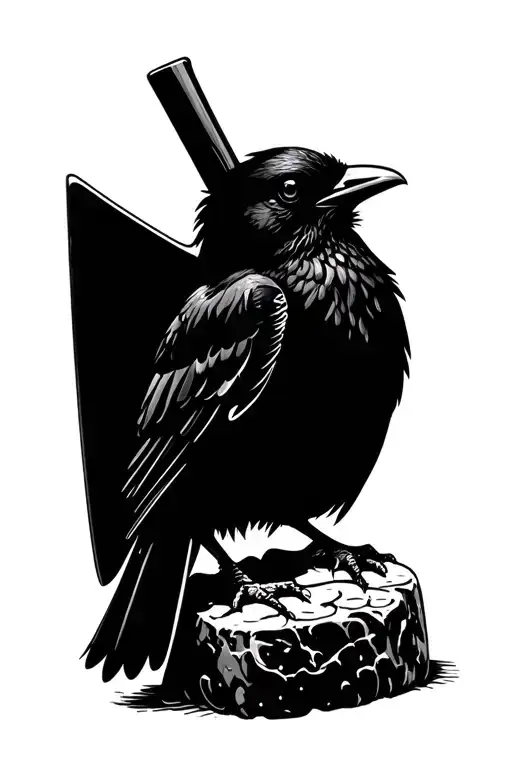 Black bird sitting on a meat cleaver