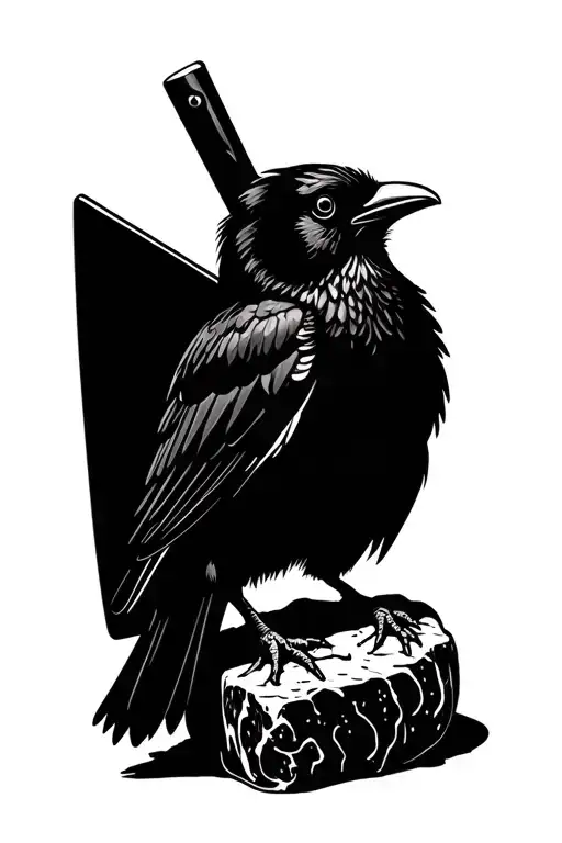 Black bird sitting on a meat cleaver - Variation 2