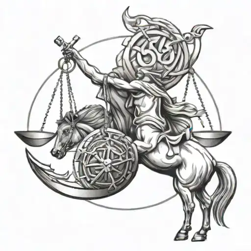 Libra and Sagittarius zodiac signs combined together tattoo minimalistic - Variation 2
