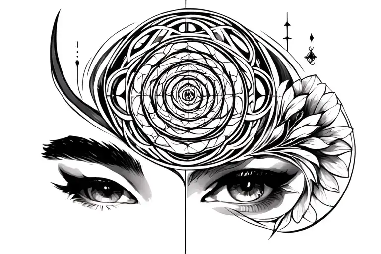 Try to combine special symbols like fibonacci, jingjamg, aurea mediocritas in one art tatoo for forehead, minimalistic s