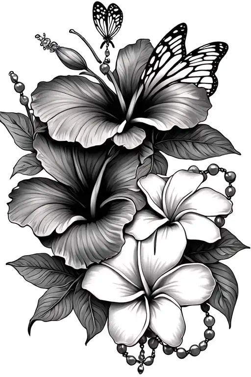 two hibiscus and plumeria with butterfly and rosary intertwined