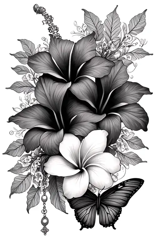 two hibiscus and plumeria with butterfly and rosary intertwined - Variation 2
