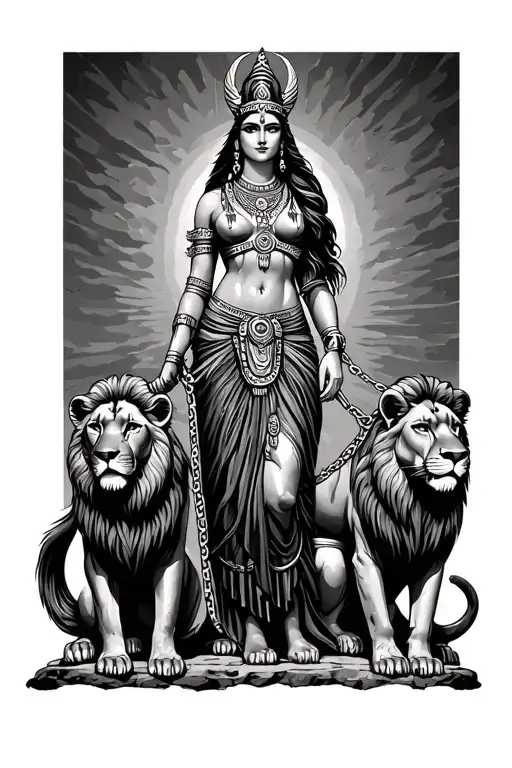 Goddess ishtar standing with two lions on leash beeneath her