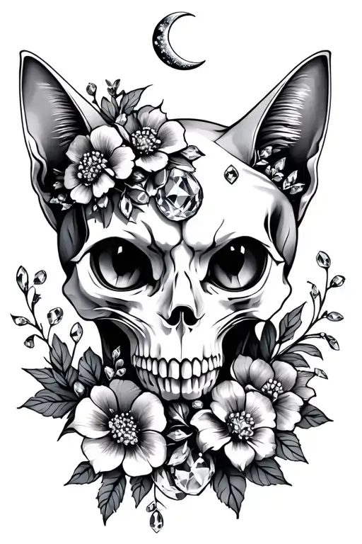 cat skull with crystals flowers and crescent moon 