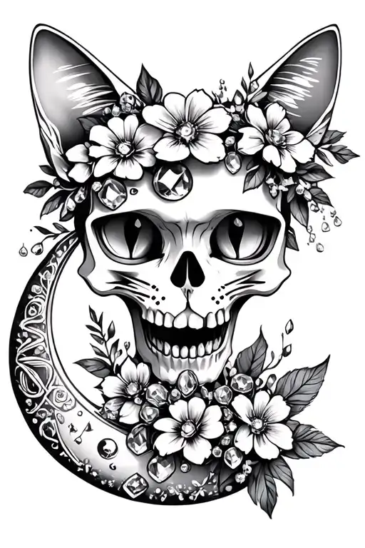 cat skull with crystals flowers and crescent moon  - Variation 2