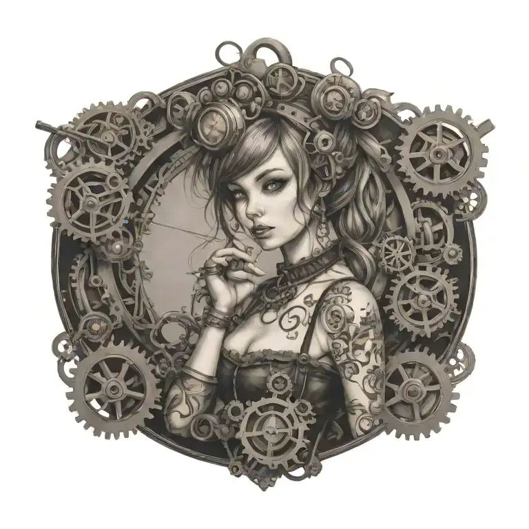 Create a tattoo of a girl in lolita fashion surrounded by engineering gears and musical symbols, representing the client's passions for lolita, engineering, and music