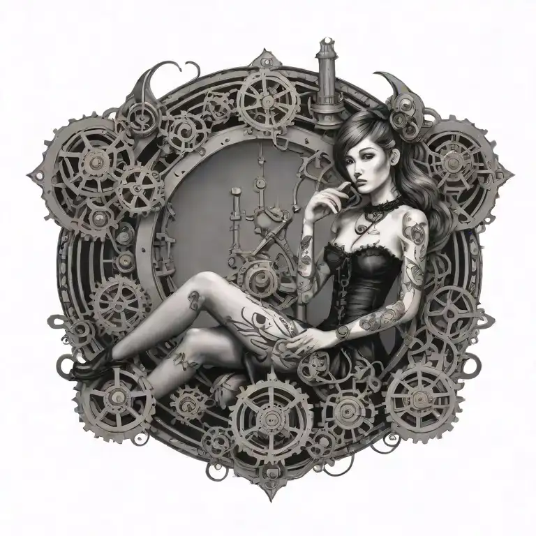 Create a tattoo of a girl in lolita fashion surrounded by engineering gears and musical symbols, representing the client's passions for lolita, engineering, and music - Variation 2