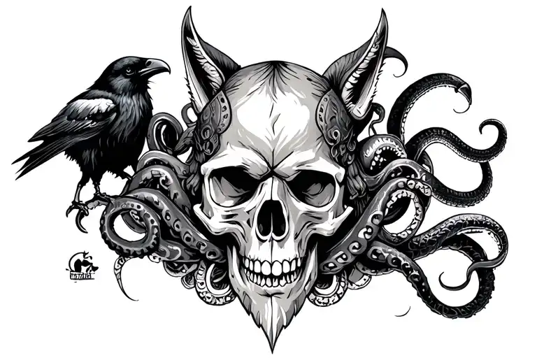 Viking skull with wolf, crow, black snake and octopus