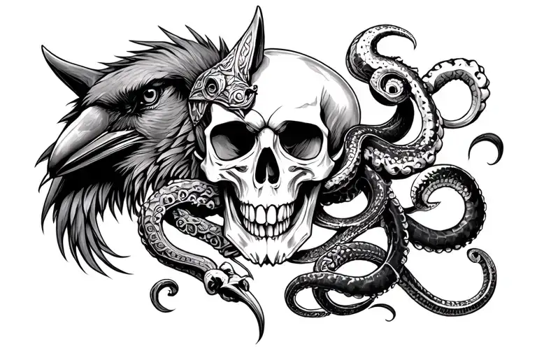 Viking skull with wolf, crow, black snake and octopus - Variation 2