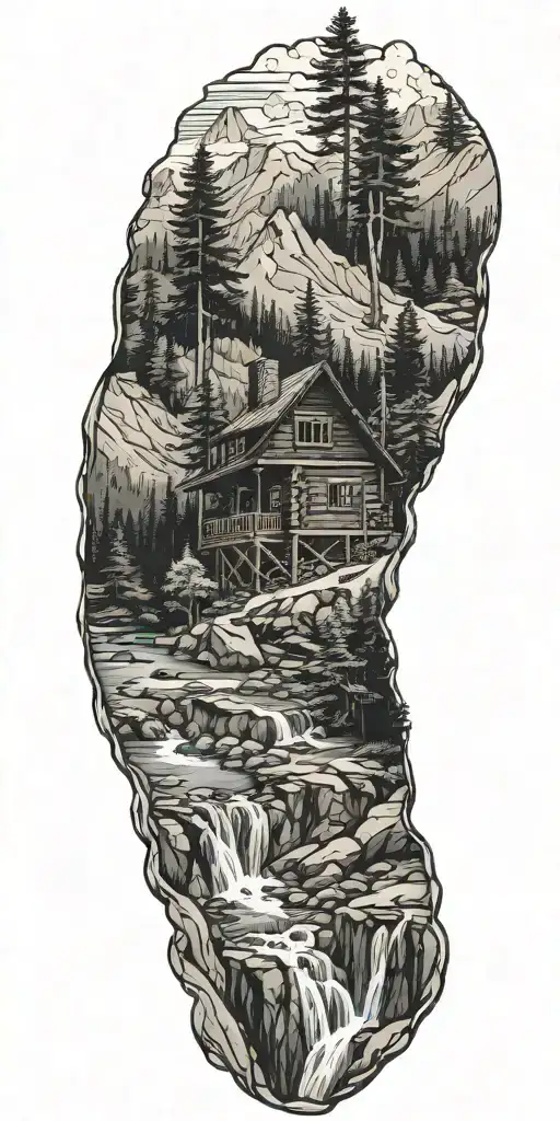 A detailed log cabin in the mountains surrounded by pine trees and a flowing river with a hiking trail.