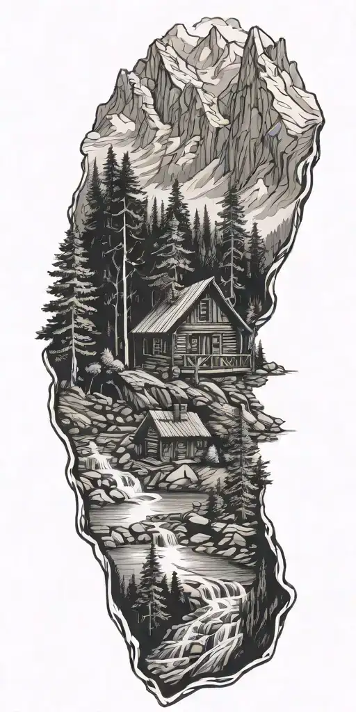 A detailed log cabin in the mountains surrounded by pine trees and a flowing river with a hiking trail. - Variation 2