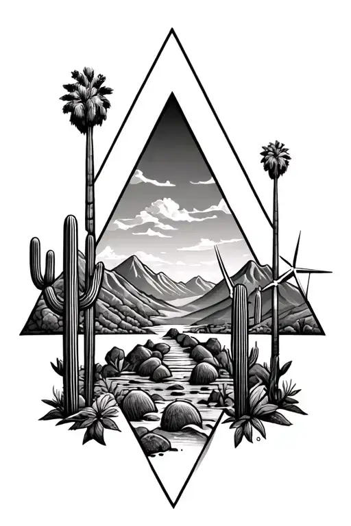 Inside of 3 staggered triangles put palm springs mountains with windmills and cactus - Variation 3