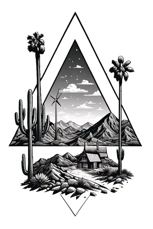 Inside of 3 staggered triangles put palm springs mountains with windmills and cactus - Variation 4