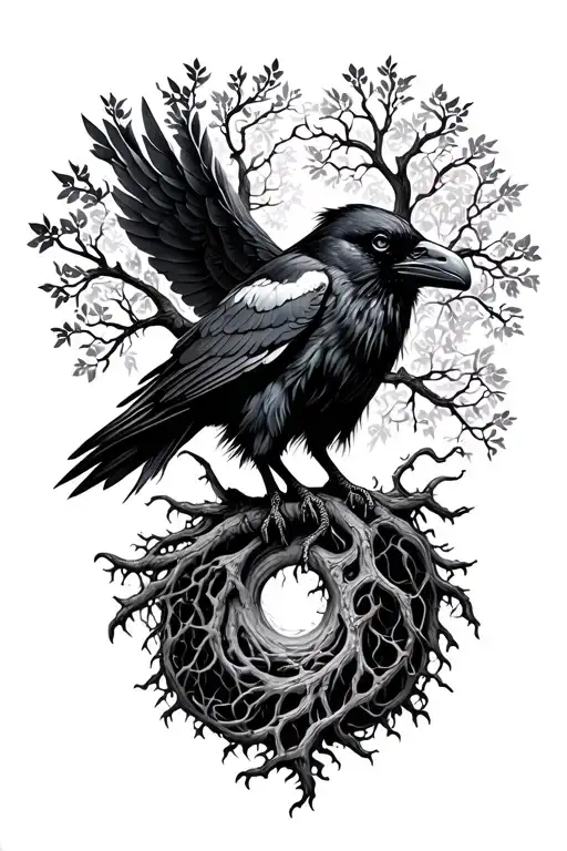 Raven and yggdrasil tree tattoo - Variation 2