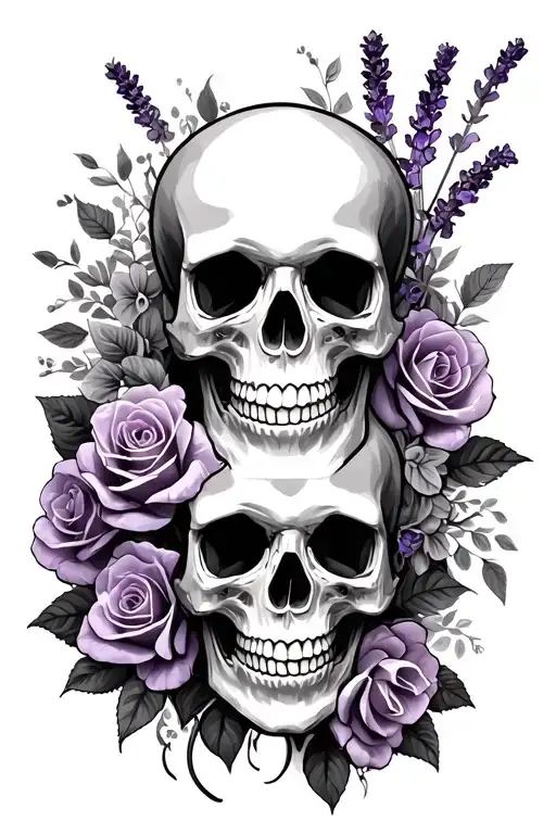 Gothic skull tattoo stencil with roses, orchids, and lavender, black and graywash