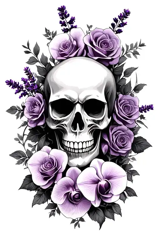 Gothic skull tattoo stencil with roses, orchids, and lavender, black and graywash - Variation 2
