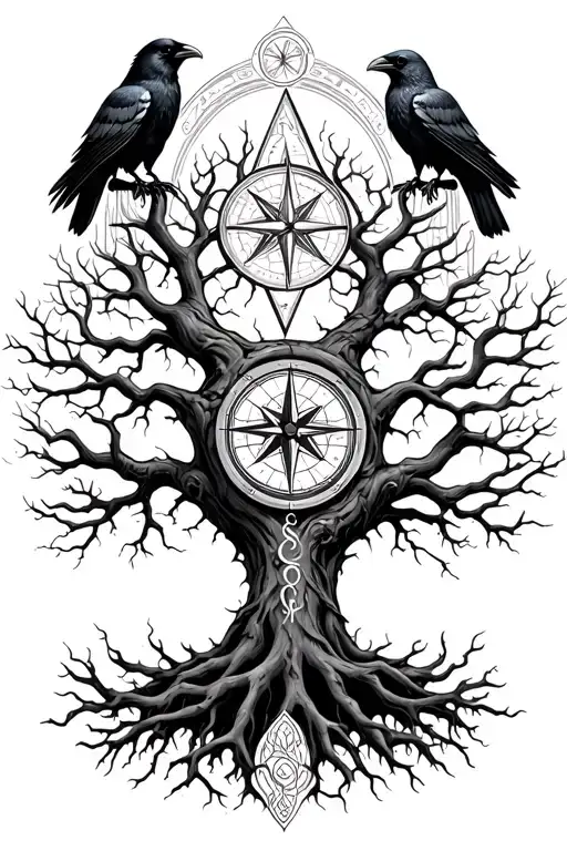 Yggdrasil world tree holds the veg visor compass within it's branches. 2 ravens sit on the roots
