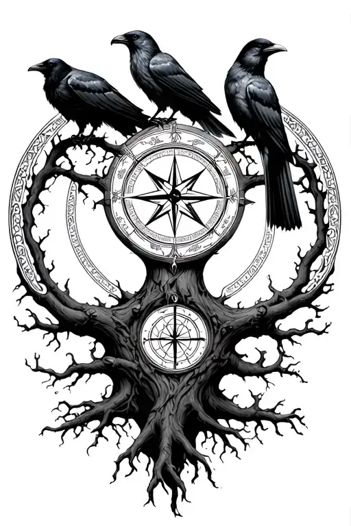 Yggdrasil world tree holds the veg visor compass within it's branches. 2 ravens sit on the roots - Variation 2