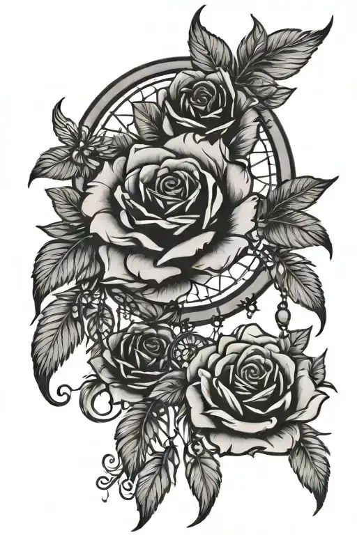 dream catcher entangled in roses thigh tattoo