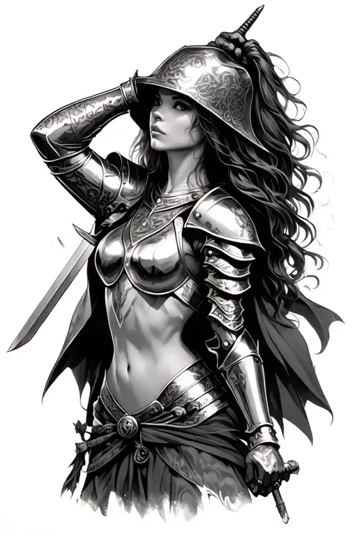 Looking at the whole body of the female warrior, wearing a shiny armor. One hand holding the sword, the other hand holding the iron hat