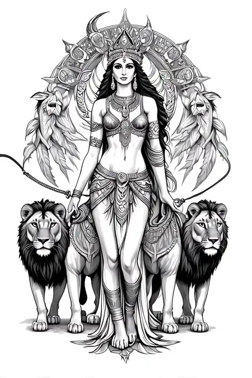 Goddess ishtar standing with lions on leash beeneath her