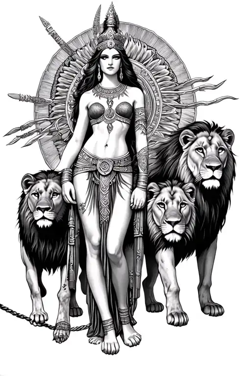 Goddess ishtar standing with lions on leash beeneath her - Variation 2