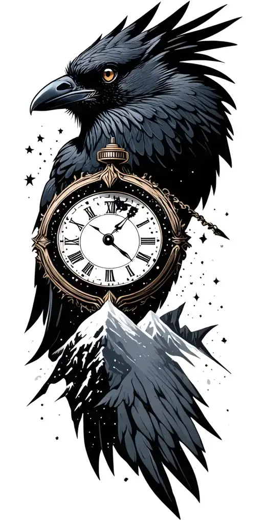 black out space background, mountains, crow, time piece