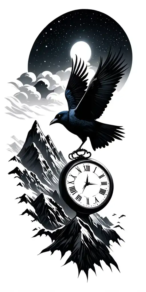 black out space background, mountains, crow, time piece - Variation 2