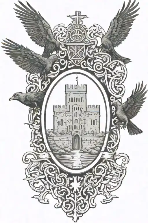 Rooker Family Crest with castle rookery with 6 Crows on a celtic cross