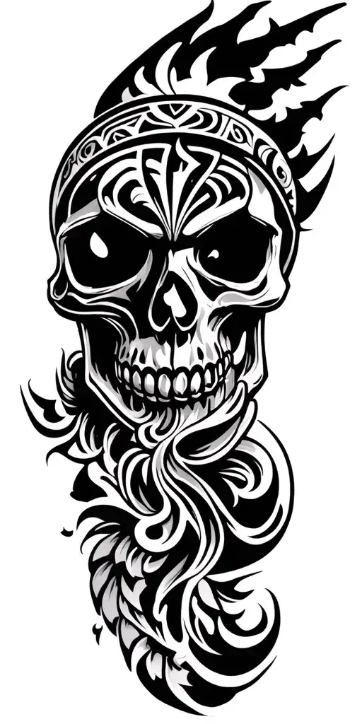 Skull with shadows on the top and the remaining maori design with symbols of courage and determination