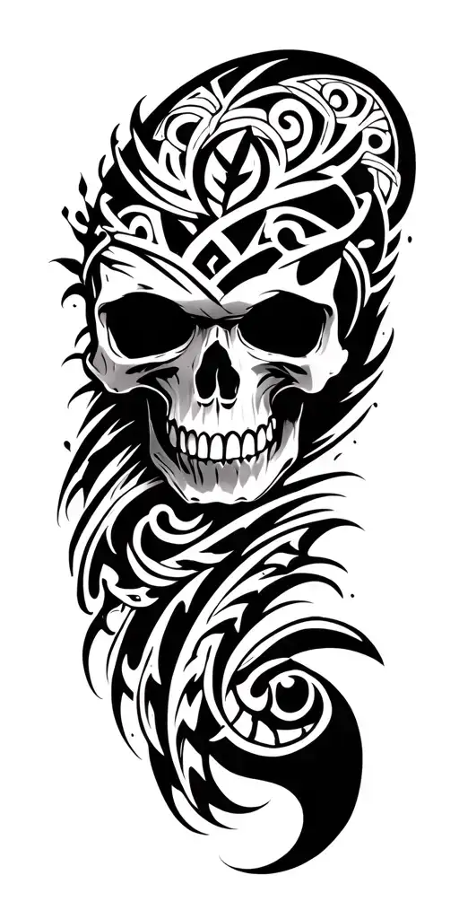 Skull with shadows on the top and the remaining maori design with symbols of courage and determination - Variation 2