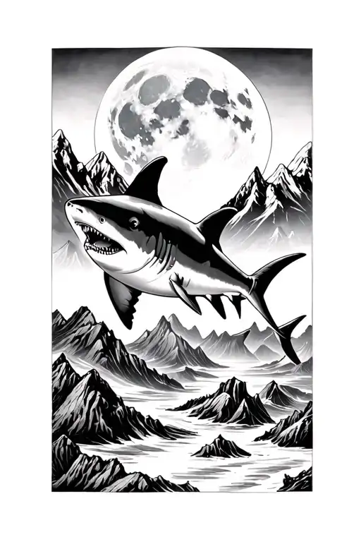shark and full moon surrounded my mountain range - Variation 2