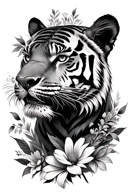 tiger head with wild flowers