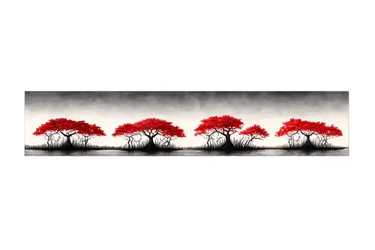 red mangroves in line next to each other, naturally accurate root systems showing, no color - Variation 2